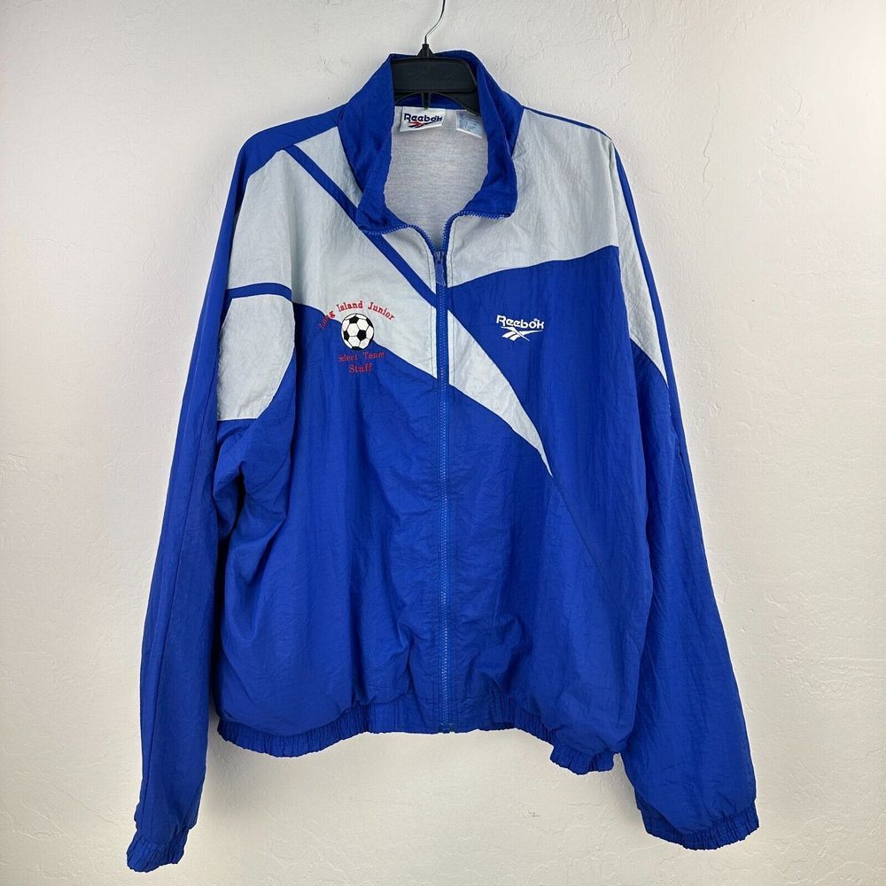 Vintage Reebok‎ Windbreaker Jacket Mens XL Blue White Colorblock Nylon Full Zip